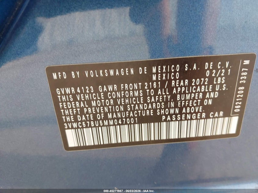 2021 Volkswagen Jetta 1.4T R-Line/1.4T S/1.4T Se VIN: 3VWC57BU5MM047001 Lot: 45271987