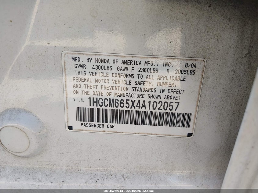 2004 Honda Accord 3.0 Ex VIN: 1HGCM665X4A102057 Lot: 45272013