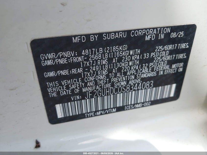 2025 SUBARU CROSSTREK 2.5L H-4 DI, DOHC, V(VIN: JF2GUHDC0S8344083