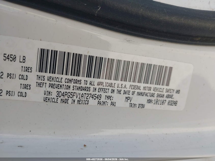 2010 Dodge Journey Sxt VIN: 3D4PG5FV1AT274549 Lot: 45272038