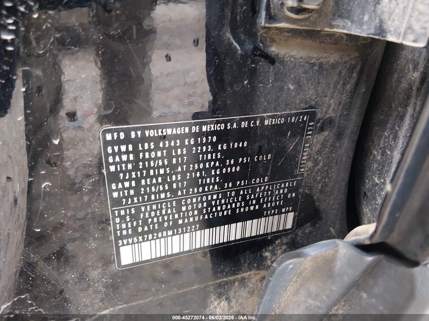 2024 Volkswagen Taos 1.5T S VIN: 3VV5X7B26RM131227 Lot: 45272074
