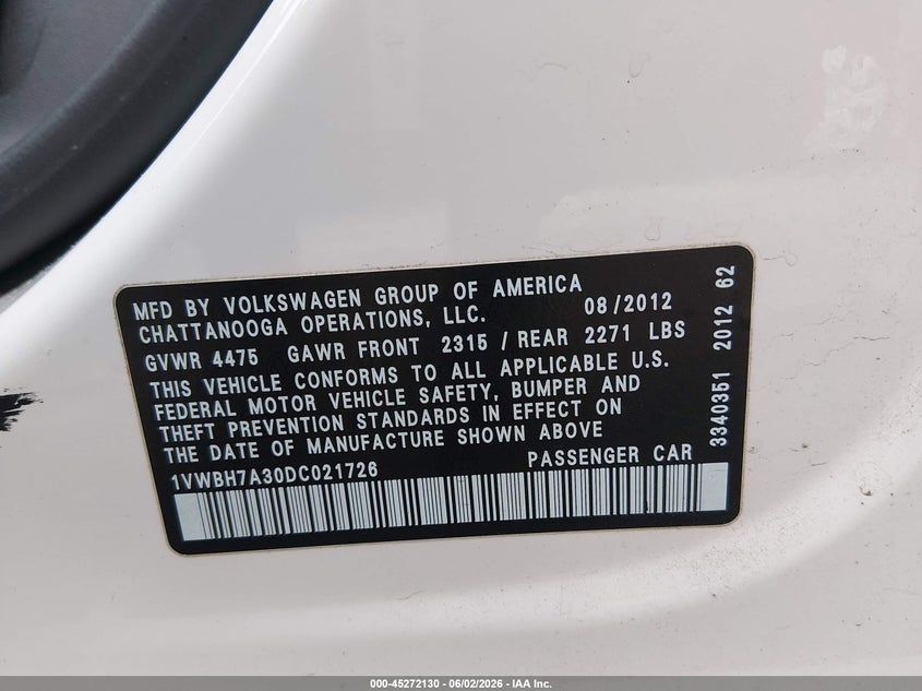 2013 Volkswagen Passat 2.5L Se VIN: 1VWBH7A30DC021726 Lot: 45272130