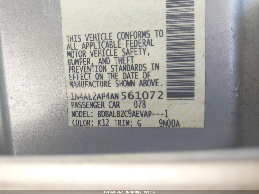 2010 Nissan Altima 2.5 S VIN: 1N4AL2AP4AN561072 Lot: 45272171
