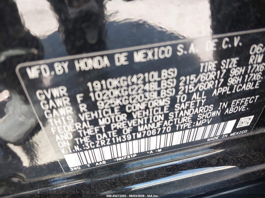 2026 Honda Hr-V 2Wd Lx VIN: 3CZRZ1H39TM706770 Lot: 45272202