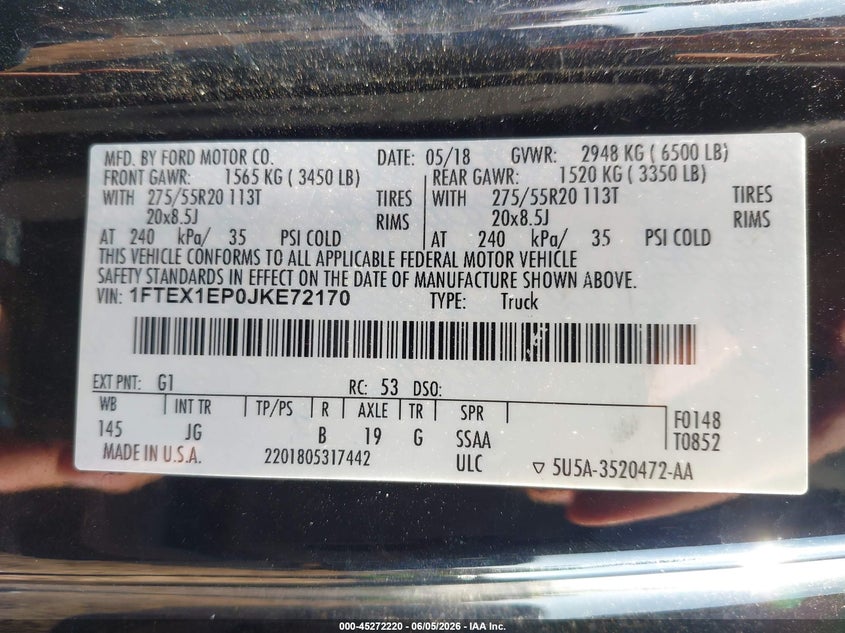 VIN 1FTEX1EP0JKE72170 2018 FORD F-150 XL