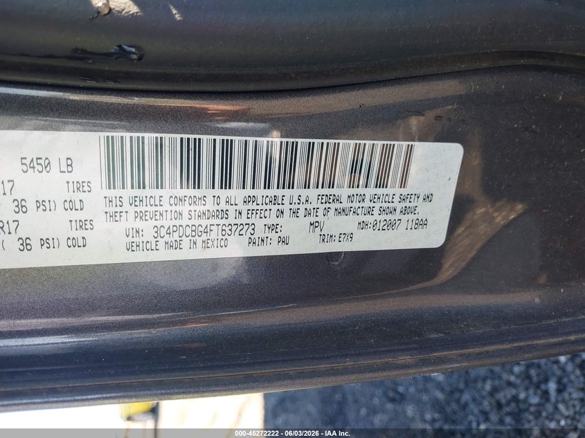 2015 Dodge Journey Sxt VIN: 3C4PDCBG4FT637273 Lot: 45272222