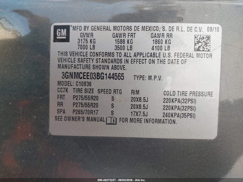 2011 Chevrolet Avalanche 1500 Ls VIN: 3GNMCEE03BG144565 Lot: 45272227
