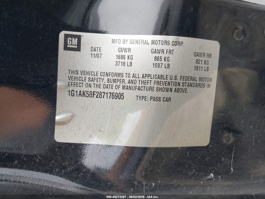 2008 Chevrolet Cobalt Ls VIN: 1G1AK58F287176905 Lot: 45272267