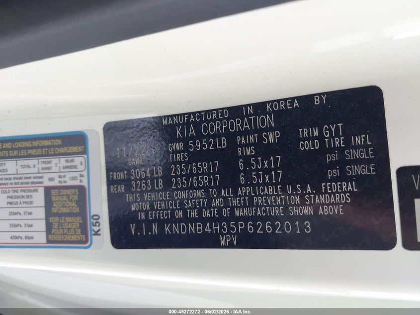 2023 Kia Carnival Mpv Lx Seat Package VIN: KNDNB4H35P6262013 Lot: 45272272
