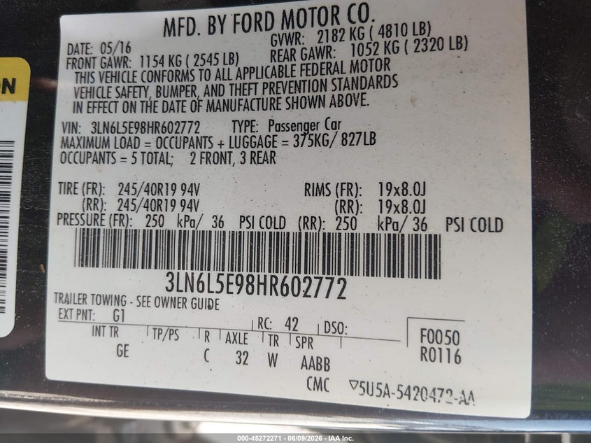 2017 LINCOLN MKZ SEDAN 2.0L I-4 DI, DOHC, VVT, TURBO, 240HP
