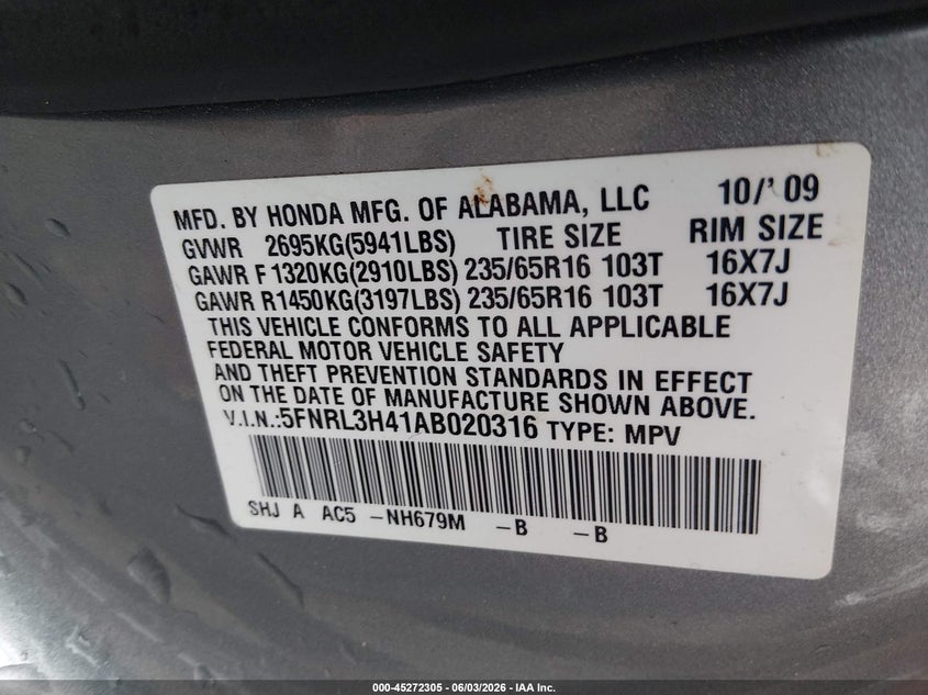 2010 Honda Odyssey Ex VIN: 5FNRL3H41AB020316 Lot: 45272305