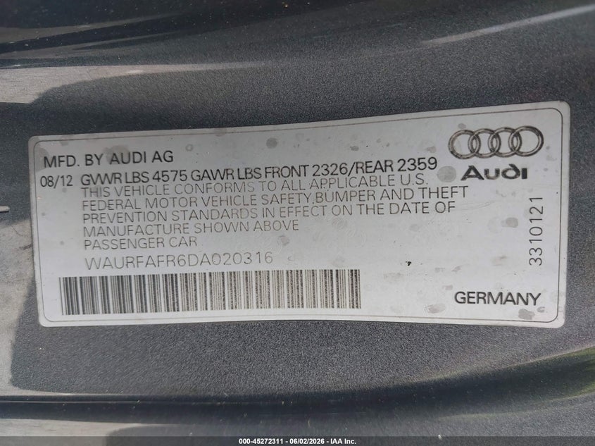 2013 Audi A5 2.0T Premium VIN: WAURFAFR6DA020316 Lot: 45272311