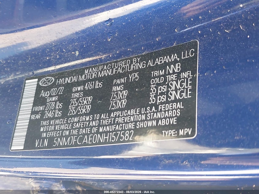 2022 Hyundai Tucson Sel VIN: 5NMJFCAE0NH157582 Lot: 45272343