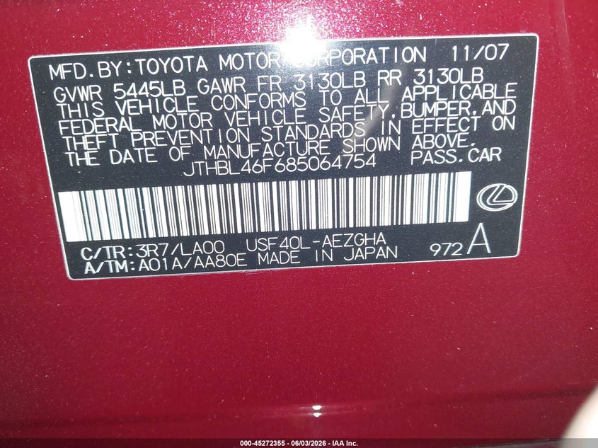 2008 Lexus Ls 460 VIN: JTHBL46F685064754 Lot: 45272355
