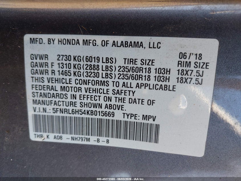 2019 Honda Odyssey Ex VIN: 5FNRL6H54KB015669 Lot: 45272385