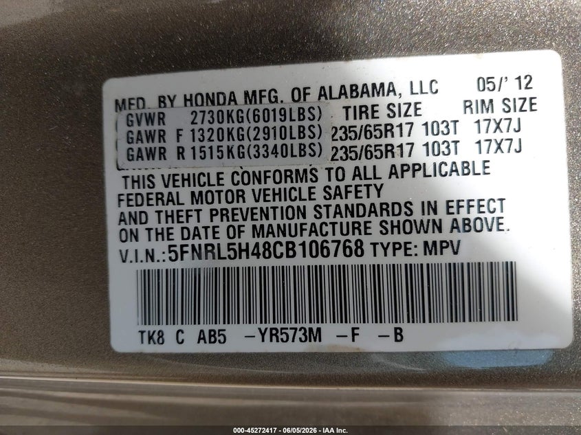 2012 Honda Odyssey Ex VIN: 5FNRL5H48CB106768 Lot: 45272417