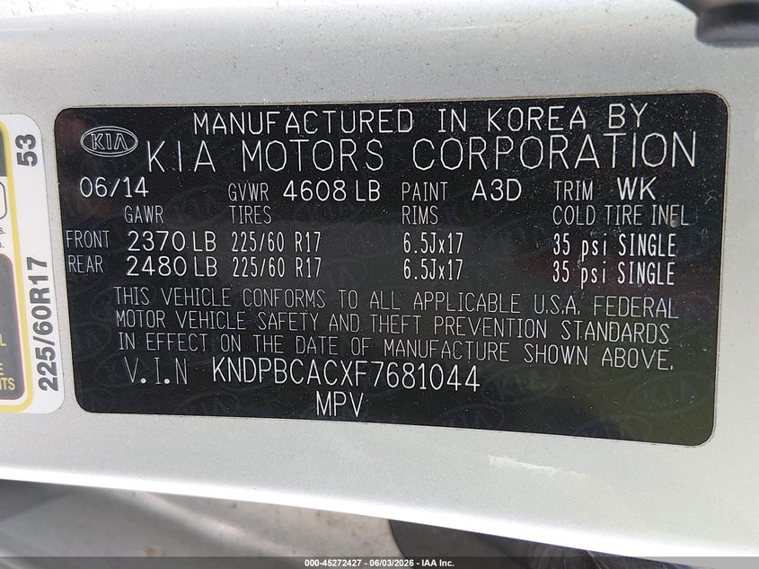 2015 Kia Sportage Lx VIN: KNDPBCACXF7681044 Lot: 45272427