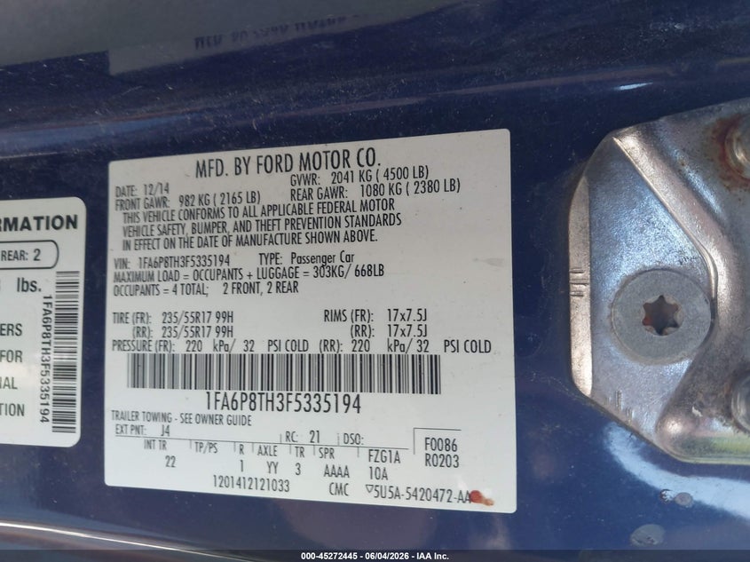 2015 Ford Mustang Ecoboost VIN: 1FA6P8TH3F5335194 Lot: 45272445
