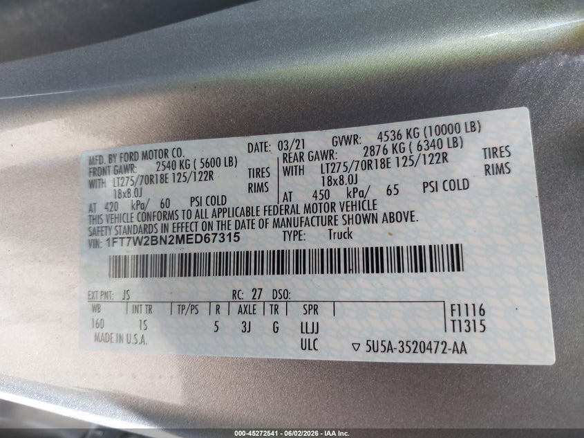 FORD F-250 2021 VIN 1FT7W2BN2MED67315