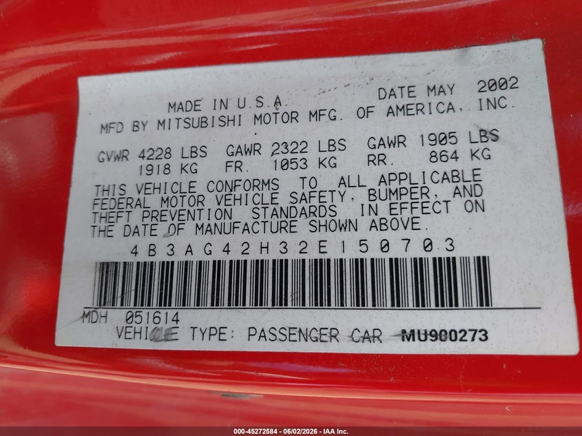 2002 Dodge Stratus Se VIN: 4B3AG42H32E150703 Lot: 45272584