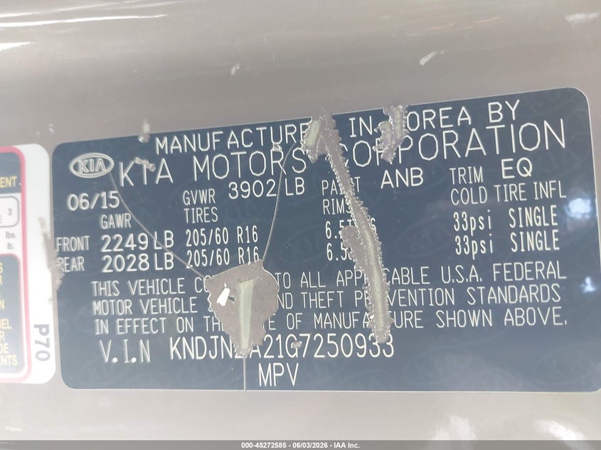 2016 Kia Soul VIN: KNDJN2A21G7250933 Lot: 45272585