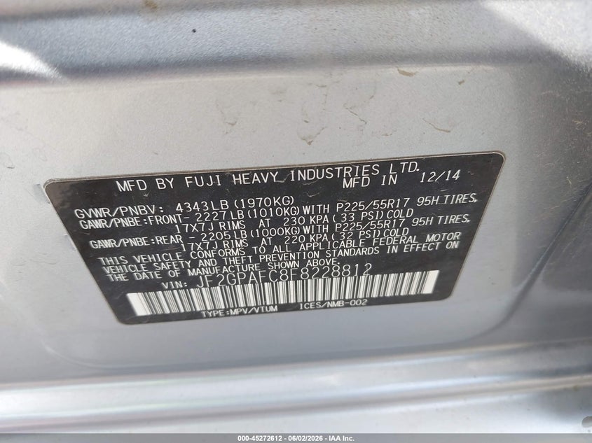 2015 Subaru Xv Crosstrek 2.0I Premium VIN: JF2GPAFC8F8228812 Lot: 45272612