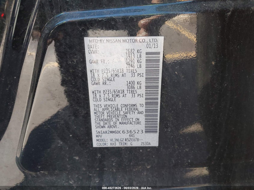 2013 Nissan Pathfinder Sl VIN: 5N1AR2MM6DC636523 Lot: 45272626