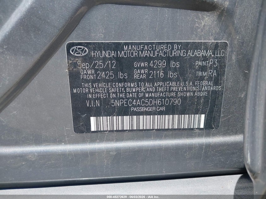 2013 Hyundai Sonata Limited VIN: 5NPEC4AC5DH610790 Lot: 45272629