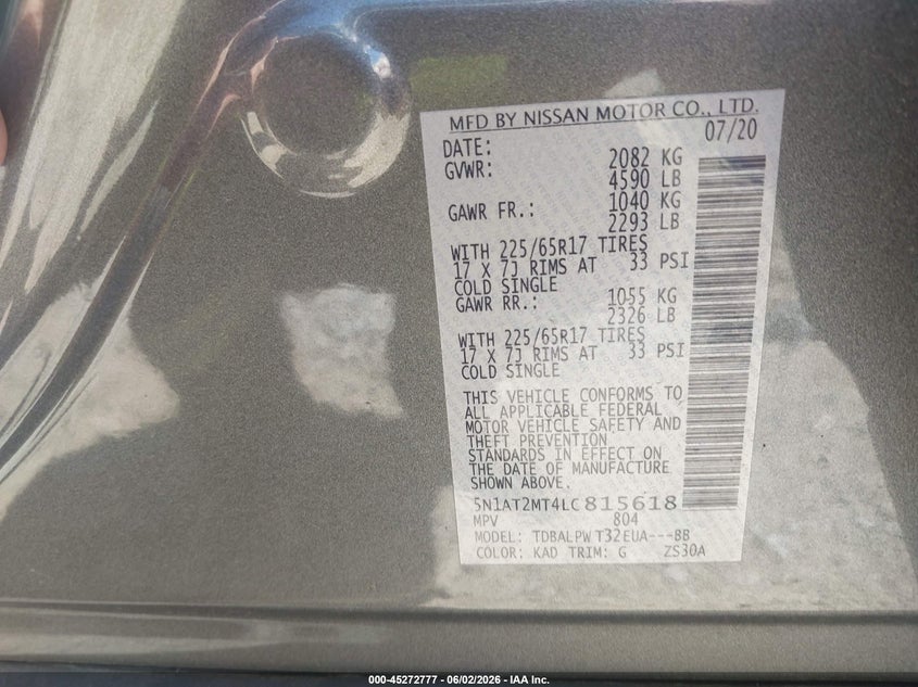 VIN 5N1AT2MT4LC815618 2020 NISSAN ROGUE S FWD