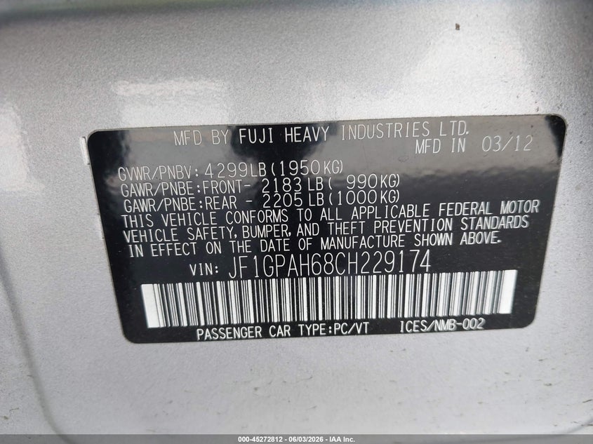 2012 Subaru Impreza 2.0 2.0I Limited silver Lot 111045272812 Vin JF1GPAH68CH229174