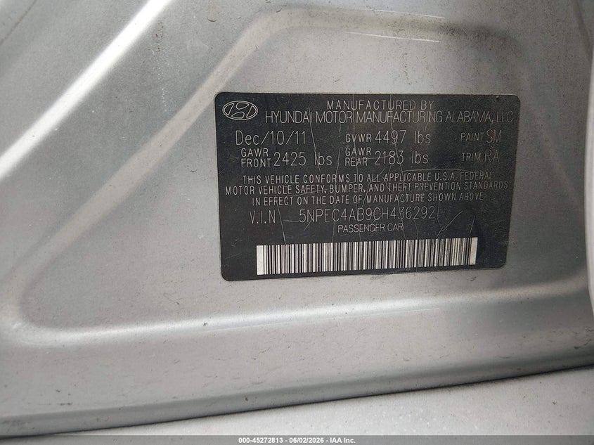 2012 Hyundai Sonata 2.0 Se 2.0T silver Lot 111045272813 Vin 5NPEC4AB9CH436292
