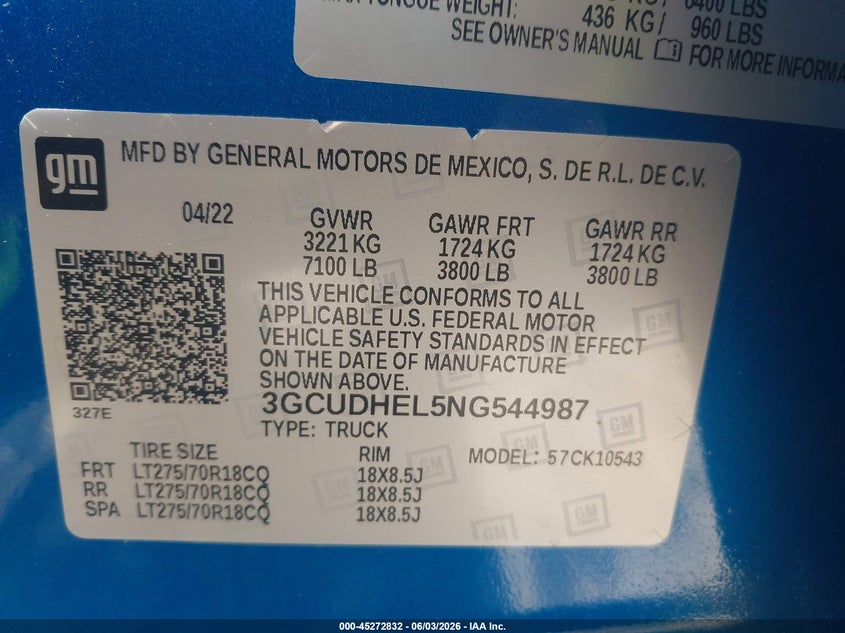 2022 Chevrolet Silverado 1500 4Wd Short Bed Zr2 VIN: 3GCUDHEL5NG544987 Lot: 45272832