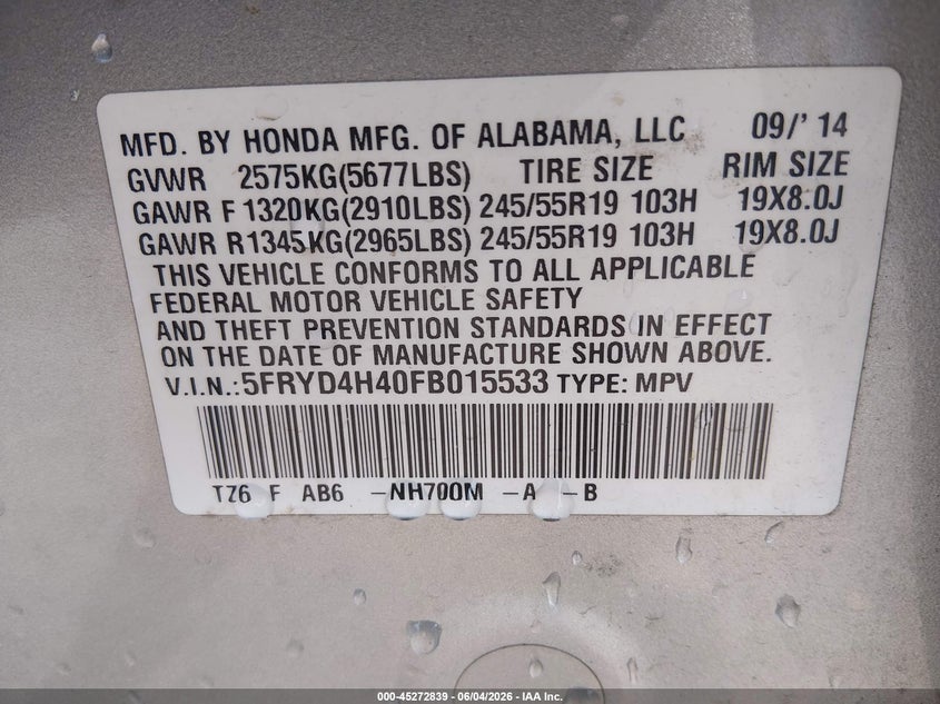 2015 Acura Mdx Technology Package VIN: 5FRYD4H40FB015533 Lot: 45272839