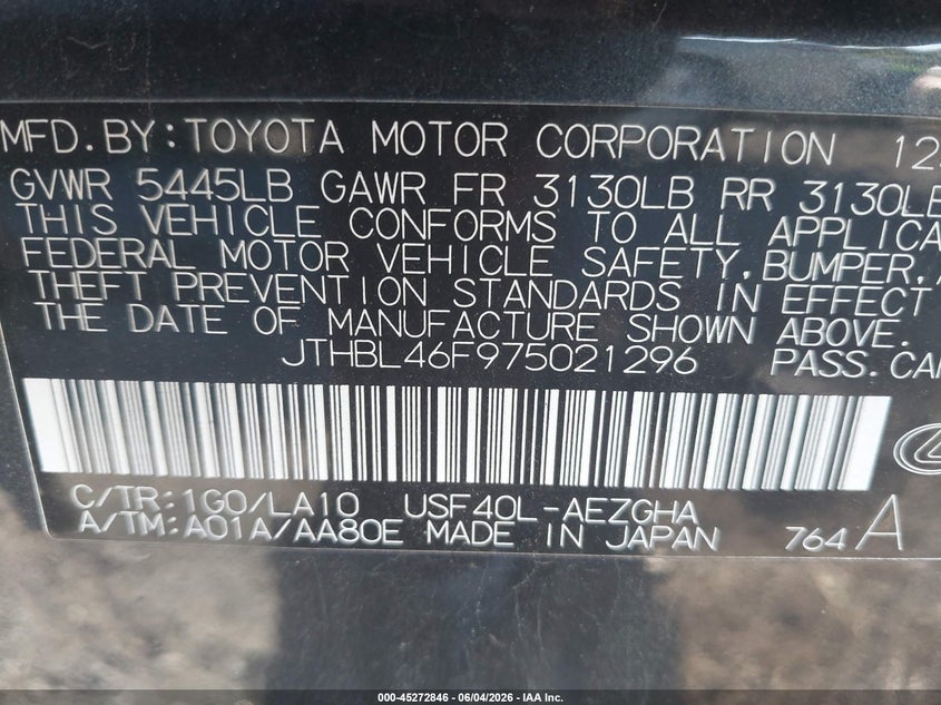 2007 Lexus Ls 460 VIN: JTHBL46F975021296 Lot: 45272846
