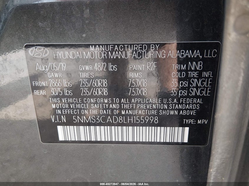 2020 Hyundai Santa Fe Sel VIN: 5NMS3CAD8LH155998 Lot: 45272847