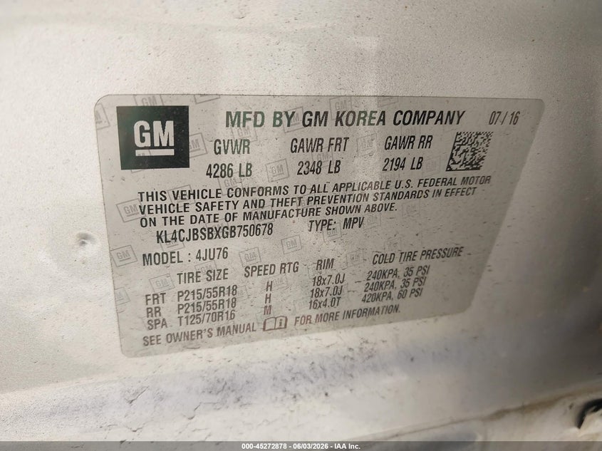 2016 Buick Encore Convenience VIN: KL4CJBSBXGB750678 Lot: 45272878
