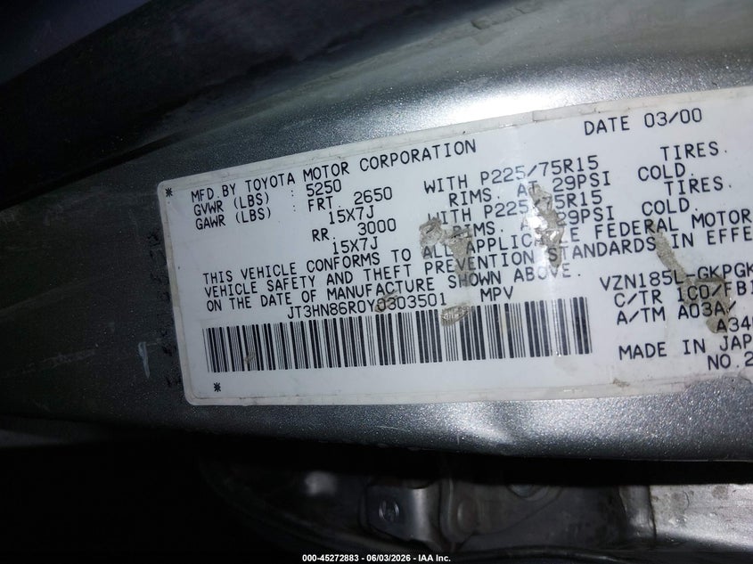 2000 Toyota 4Runner Sr5 V6 VIN: JT3HN86R0Y0303501 Lot: 45272883