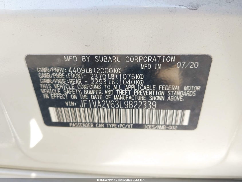 2020 Subaru Wrx Sti Limited VIN: JF1VA2V63L9822339 Lot: 45272915