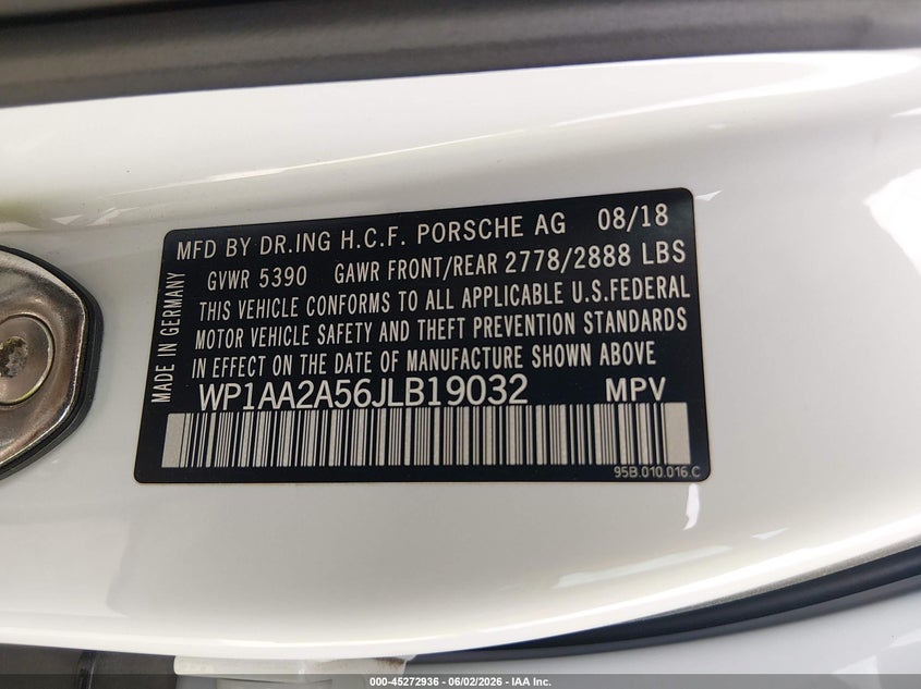 2018 Porsche Macan VIN: WP1AA2A56JLB19032 Lot: 45272936