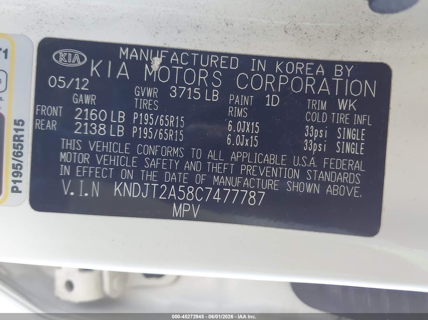 2012 Kia Soul VIN: KNDJT2A58C7477787 Lot: 45272945