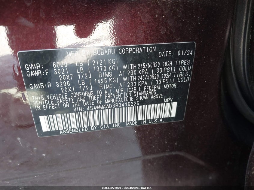 2024 Subaru Ascent Touring 7-Passenger VIN: 4S4WMAWD3R3416226 Lot: 45272979