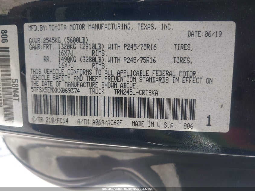 VIN 5TFSX5ENXKX069374 2019 TOYOTA TACOMA SR5