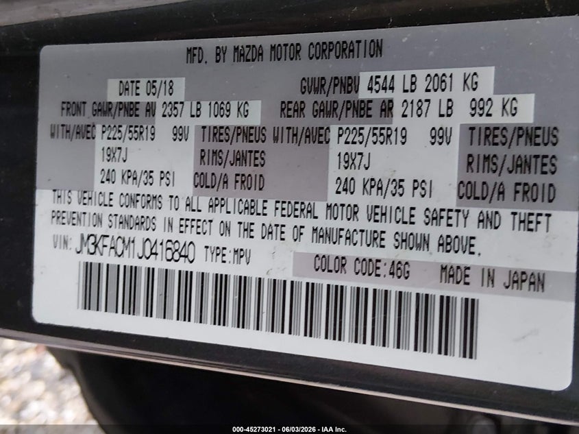 2018 Mazda Cx-5 Touring VIN: JM3KFACM1J0416840 Lot: 45273021