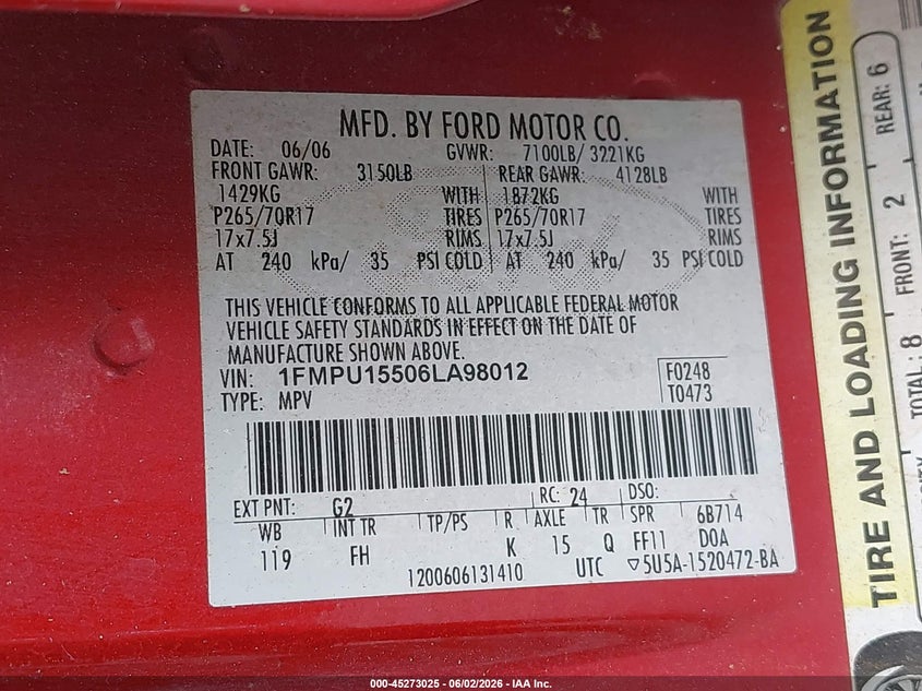 2006 Ford Expedition Xlt/Xlt Sport VIN: 1FMPU15506LA98012 Lot: 45273025