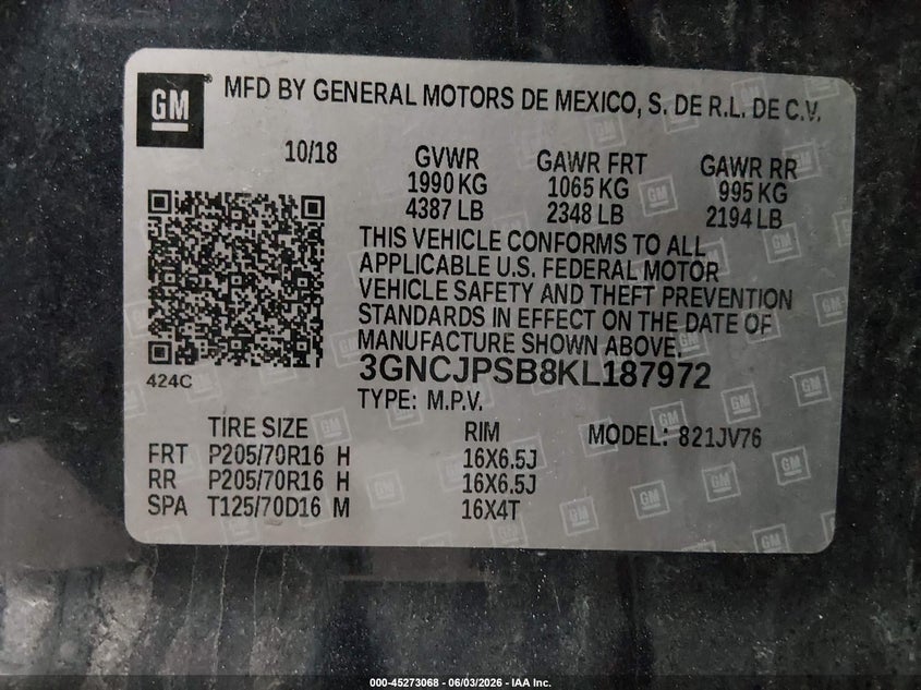 2019 Chevrolet Trax Lt VIN: 3GNCJPSB8KL187972 Lot: 45273068
