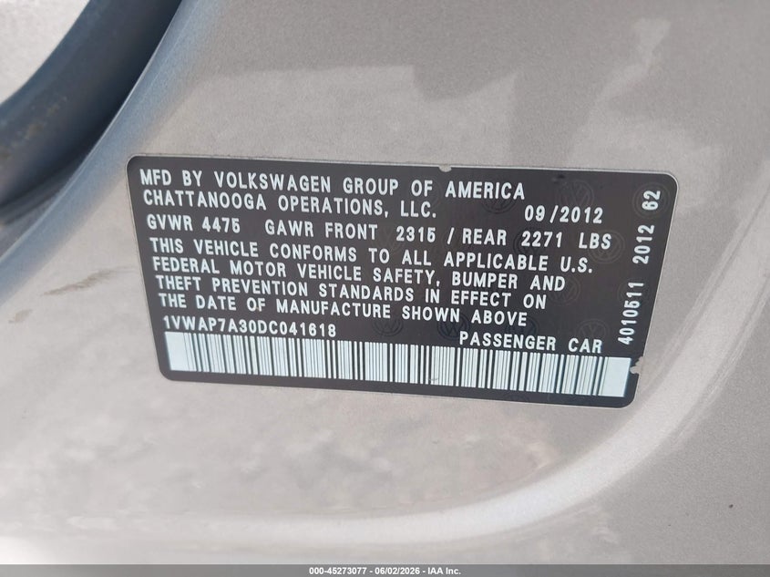 2013 Volkswagen Passat 2.5L S VIN: 1VWAP7A30DC041618 Lot: 45273077
