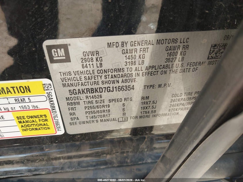 2016 Buick Enclave Leather VIN: 5GAKRBKD7GJ166354 Lot: 45273080