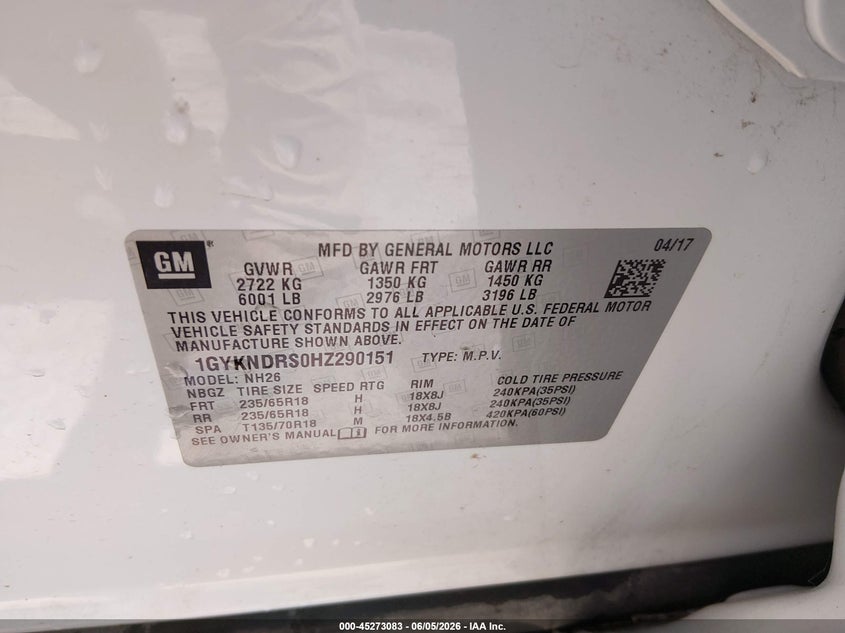2017 Cadillac Xt5 Luxury VIN: 1GYKNDRS0HZ290151 Lot: 45273083