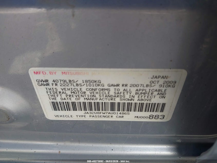 2010 Mitsubishi Lancer Gts VIN: JA32U8FW7AU014865 Lot: 45273092