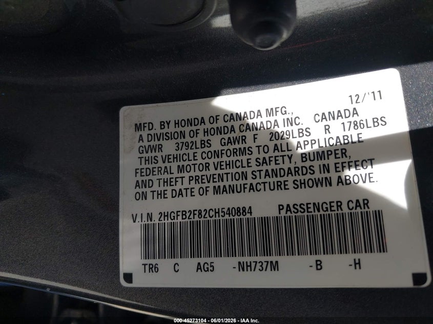 2012 Honda Civic 1.8 Ex grey Lot 111045273104 Vin 2HGFB2F82CH540884